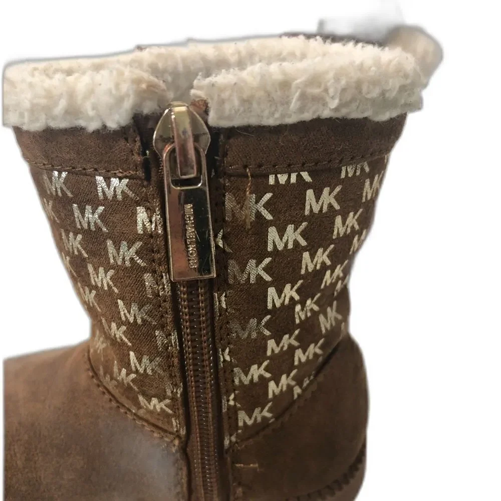 MICHAEL KORS Boots Toddler Size 7 Brown Gold MK Logo Pom Poms Payson
